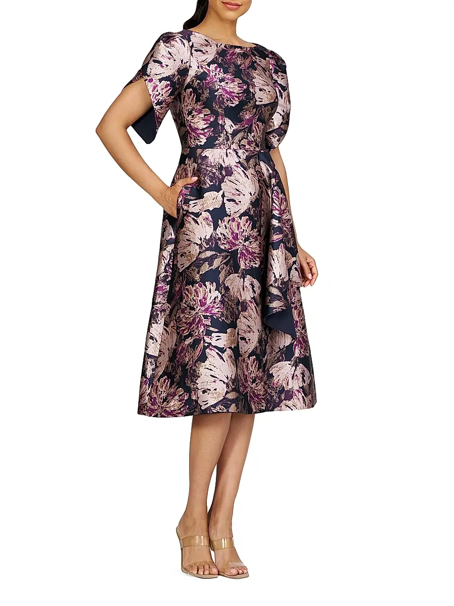 Kay Unger Women's Natasha Floral Metallic Jacquard Short-Sleeve Midi-Dress | Thumbnail 2 Kay Unger Women's Natasha Floral Metallic Jacquard Short-Sleeve Midi-Dress | Thumbnail 2