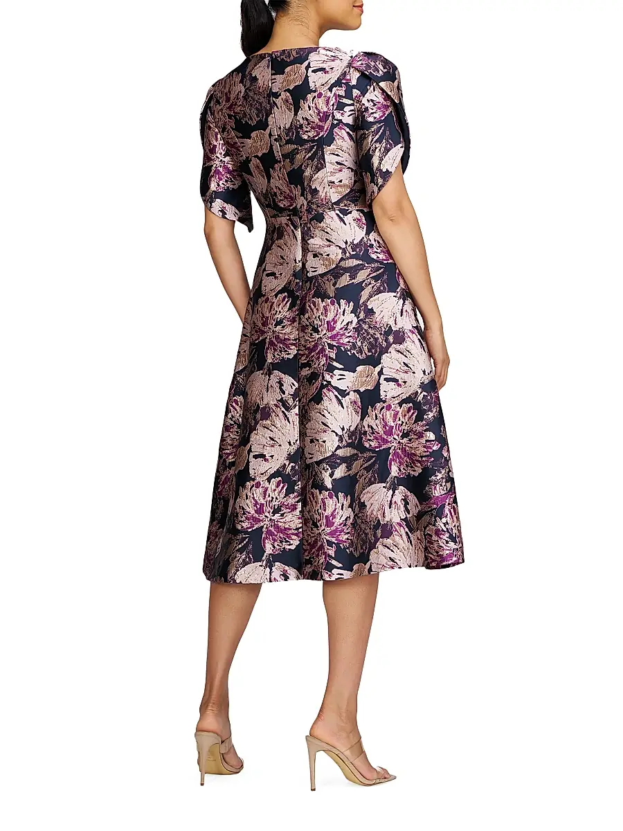 Kay Unger Women's Natasha Floral Metallic Jacquard Short-Sleeve Midi-Dress | Thumbnail 3 Kay Unger Women's Natasha Floral Metallic Jacquard Short-Sleeve Midi-Dress | Thumbnail 3
