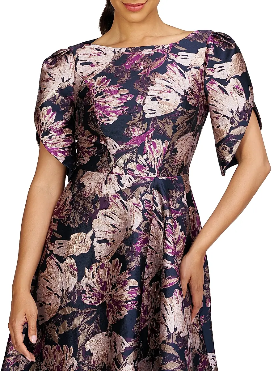 Kay Unger Women's Natasha Floral Metallic Jacquard Short-Sleeve Midi-Dress | Thumbnail 4 Kay Unger Women's Natasha Floral Metallic Jacquard Short-Sleeve Midi-Dress | Thumbnail 4