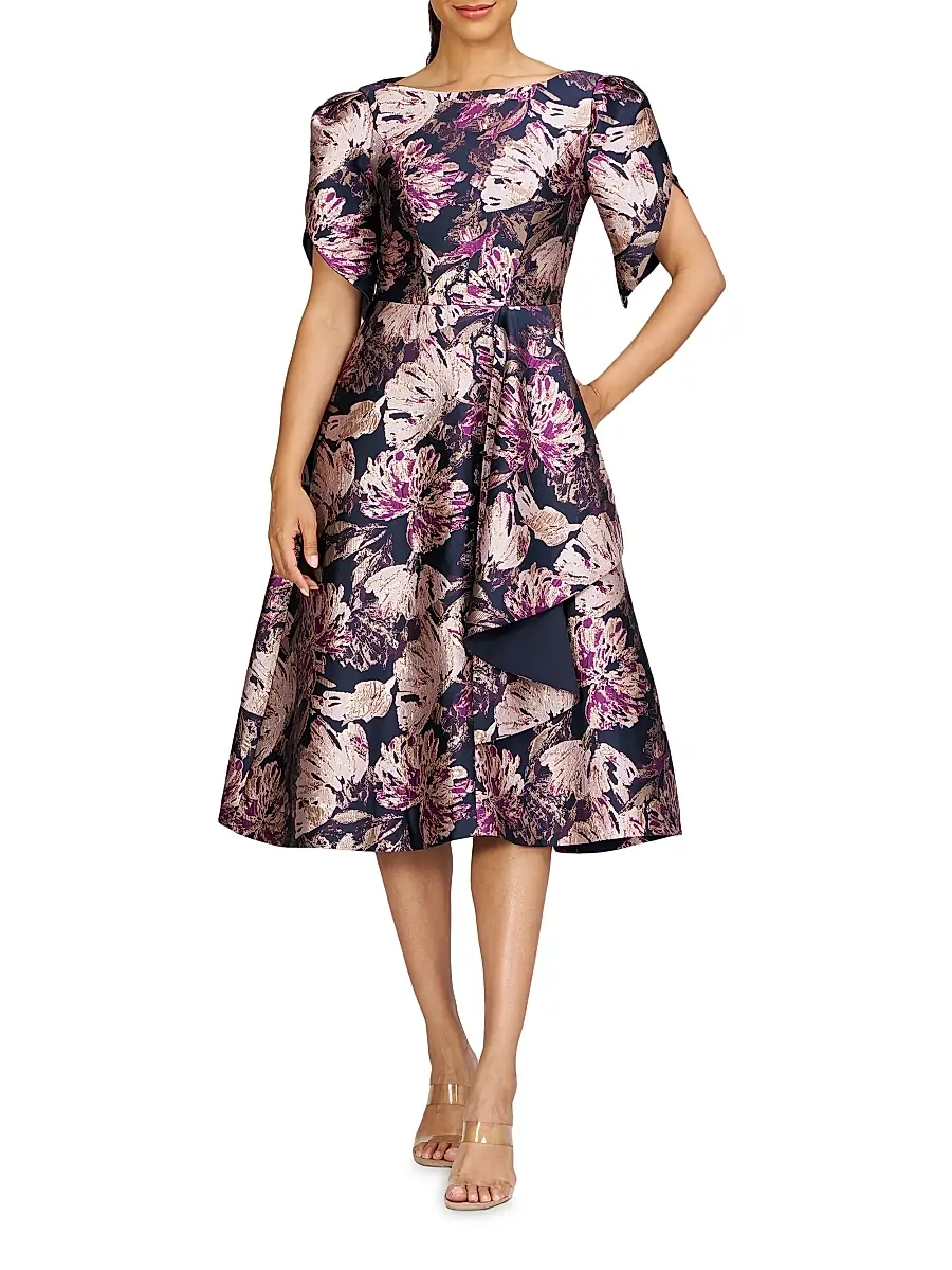 Kay Unger Women's Natasha Floral Metallic Jacquard Short-Sleeve Midi-Dress