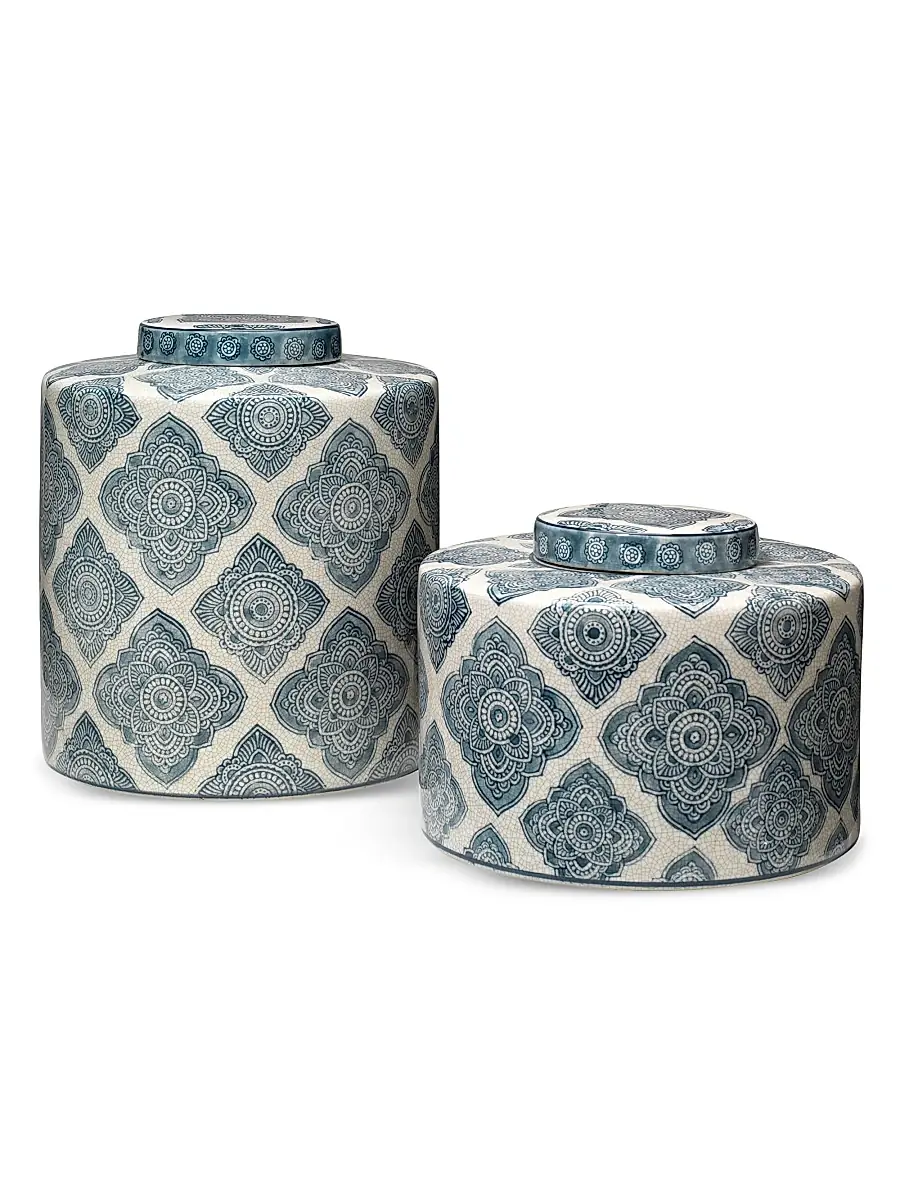 Jamie Young Co. Oran Two-Piece Ceramic Canister Set - Blue And White | Image 1 Jamie Young Co. Oran Two-Piece Ceramic Canister Set - Blue And White | Image 1
