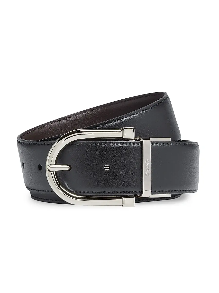ZEGNA Men's Smooth Leather Reversible Belt - Black Dark Brown | Image 1 ZEGNA Men's Smooth Leather Reversible Belt - Black Dark Brown | Image 1