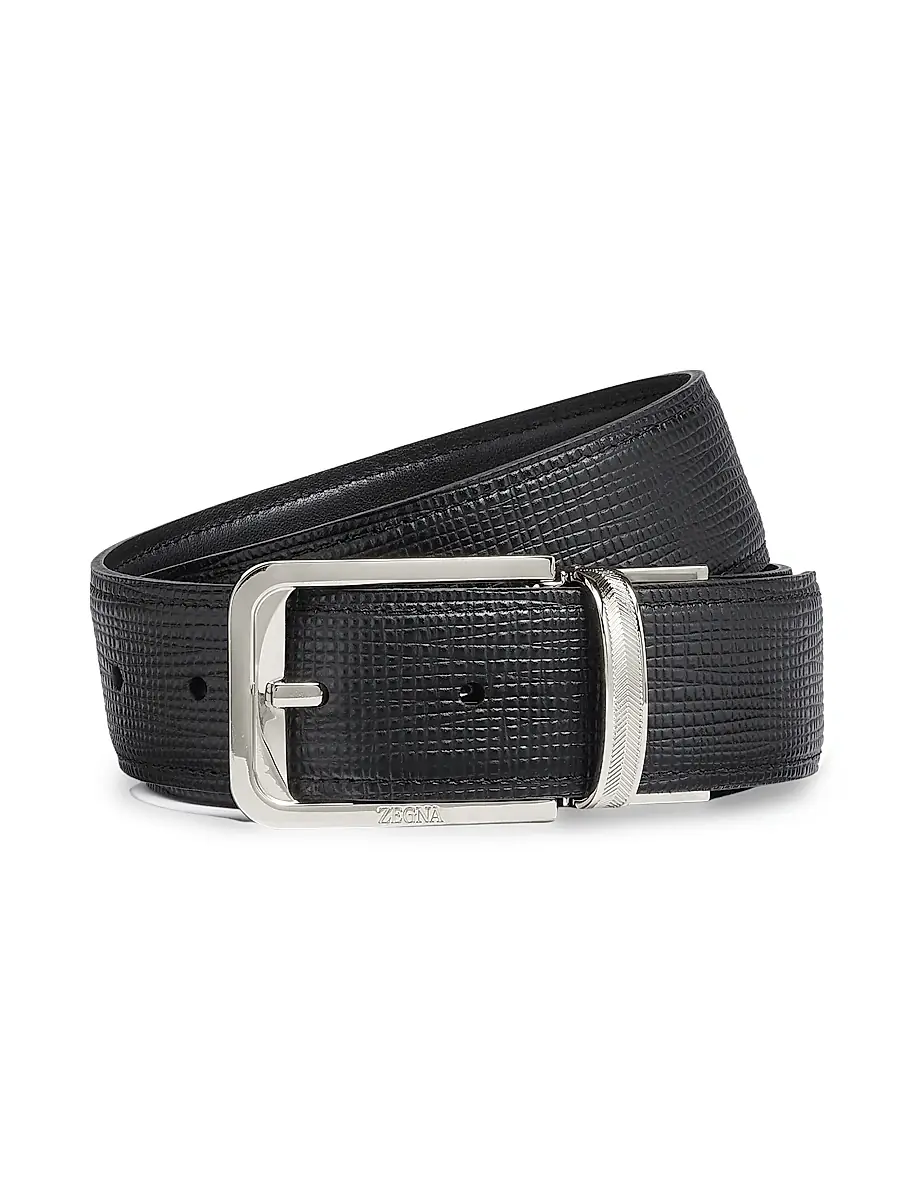 Zegna Men's Paglia Engraved Leather and Reversible Belt - Black