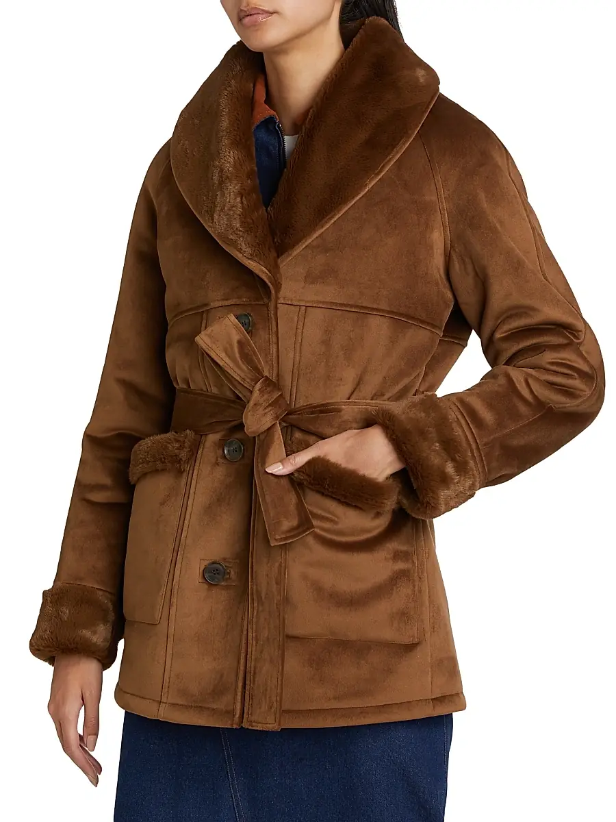 If Only Studio Women's Belted Faux-Shearling Coat - Cognac | Thumbnail 4 If Only Studio Women's Belted Faux-Shearling Coat - Cognac | Thumbnail 4