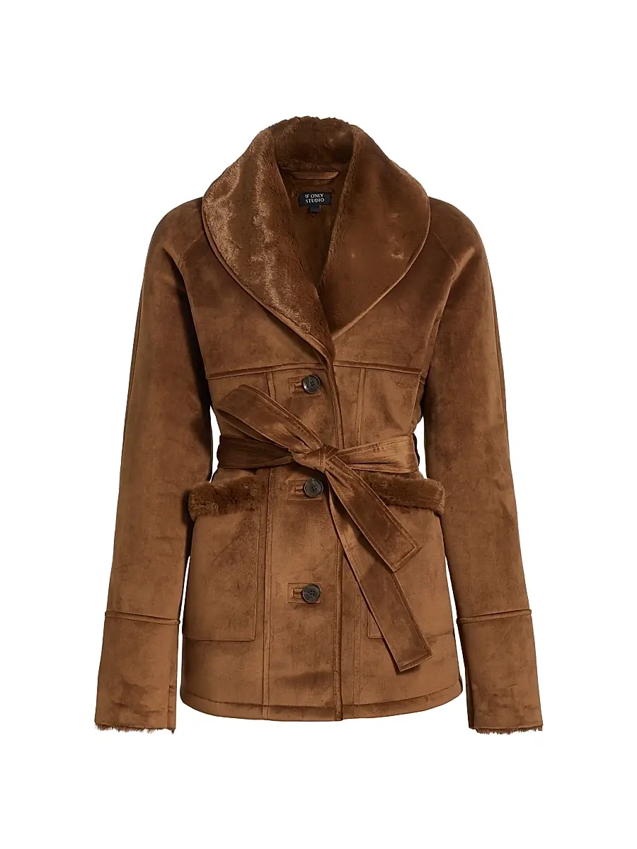 Women's Belted Faux-Shearling Coat - Cognac Women's Belted Faux-Shearling Coat - Cognac