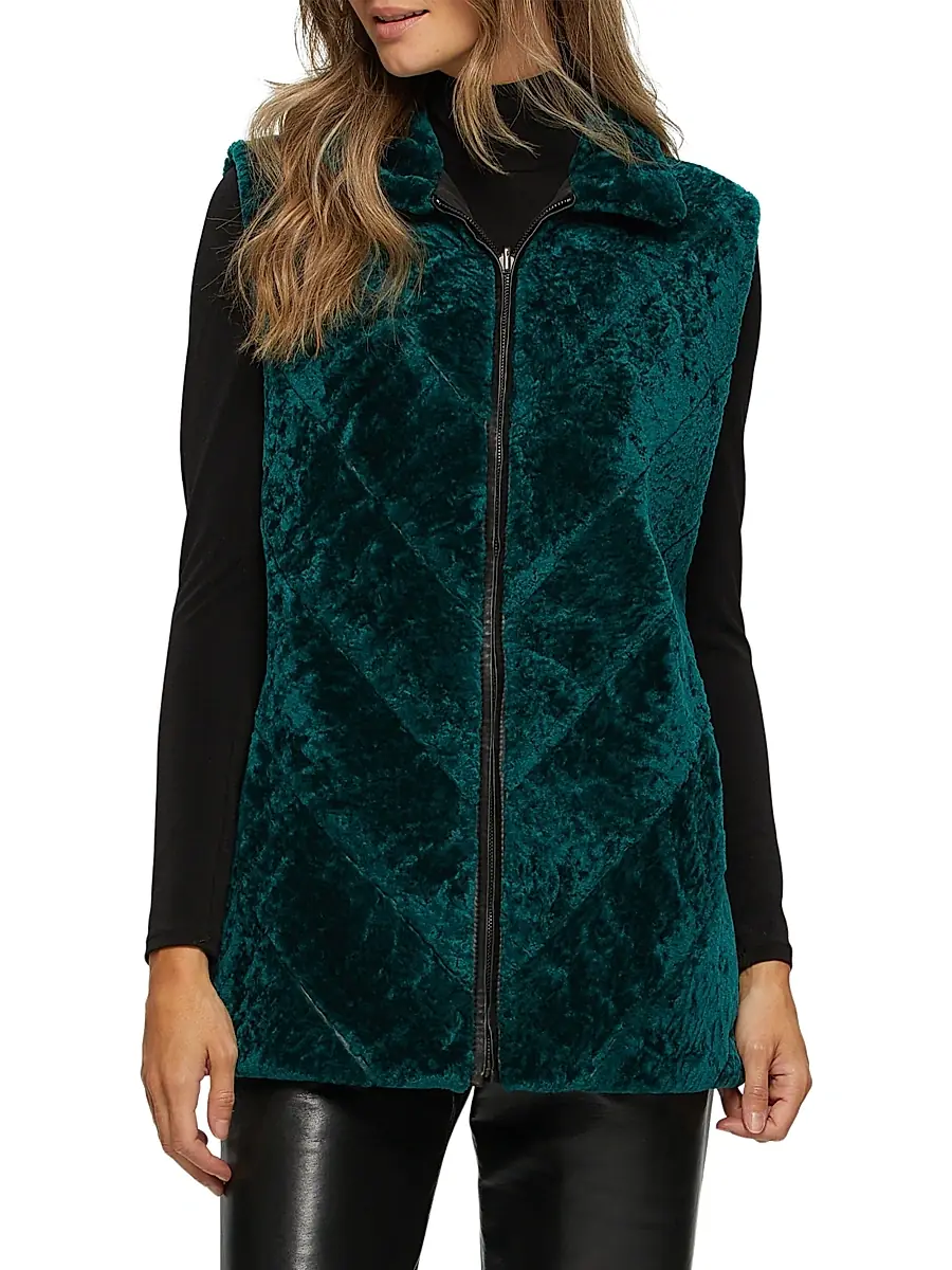 Gorski Women's Textured Shearling Lamb Zip Vest Reversible To Taffeta | Thumbnail 2 Gorski Women's Textured Shearling Lamb Zip Vest Reversible To Taffeta | Thumbnail 2