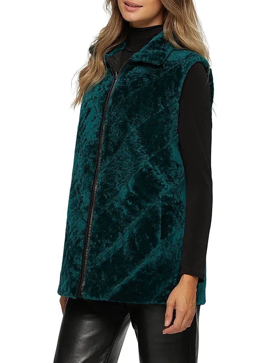 Gorski Women's Textured Shearling Lamb Zip Vest Reversible To Taffeta | Thumbnail 3 Gorski Women's Textured Shearling Lamb Zip Vest Reversible To Taffeta | Thumbnail 3
