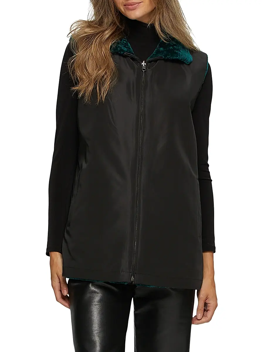 Gorski Women's Textured Shearling Lamb Zip Vest Reversible To Taffeta | Thumbnail 5 Gorski Women's Textured Shearling Lamb Zip Vest Reversible To Taffeta | Thumbnail 5