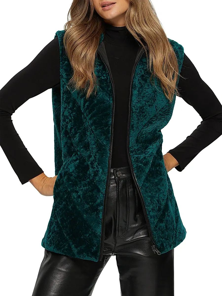 Gorski Women's Textured Shearling Lamb Zip Vest Reversible To Taffeta | Thumbnail 6 Gorski Women's Textured Shearling Lamb Zip Vest Reversible To Taffeta | Thumbnail 6