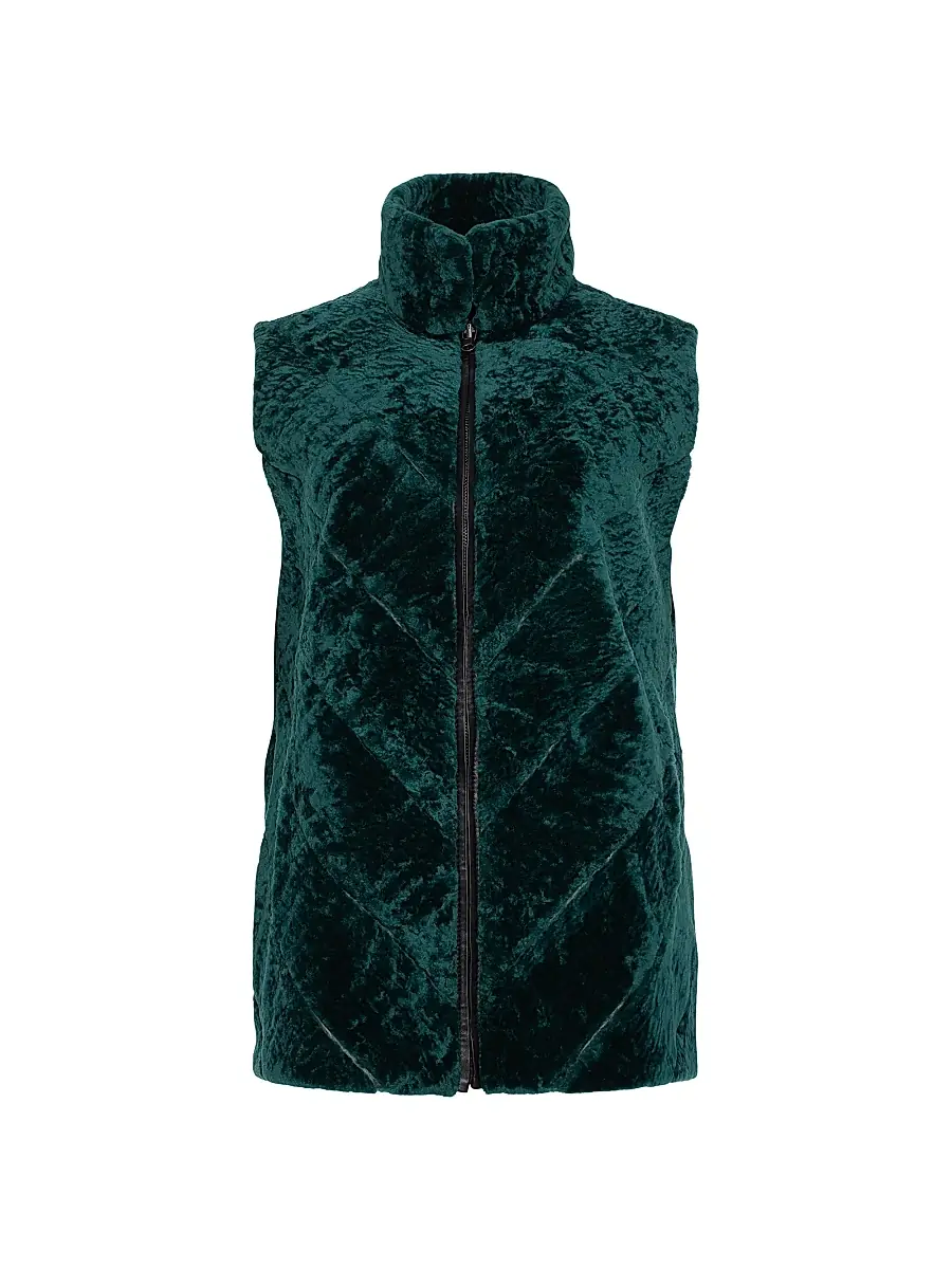 Gorski Women's Textured Shearling Lamb Zip Vest Reversible To Taffeta - Emerald | Image 1 Gorski Women's Textured Shearling Lamb Zip Vest Reversible To Taffeta - Emerald | Image 1