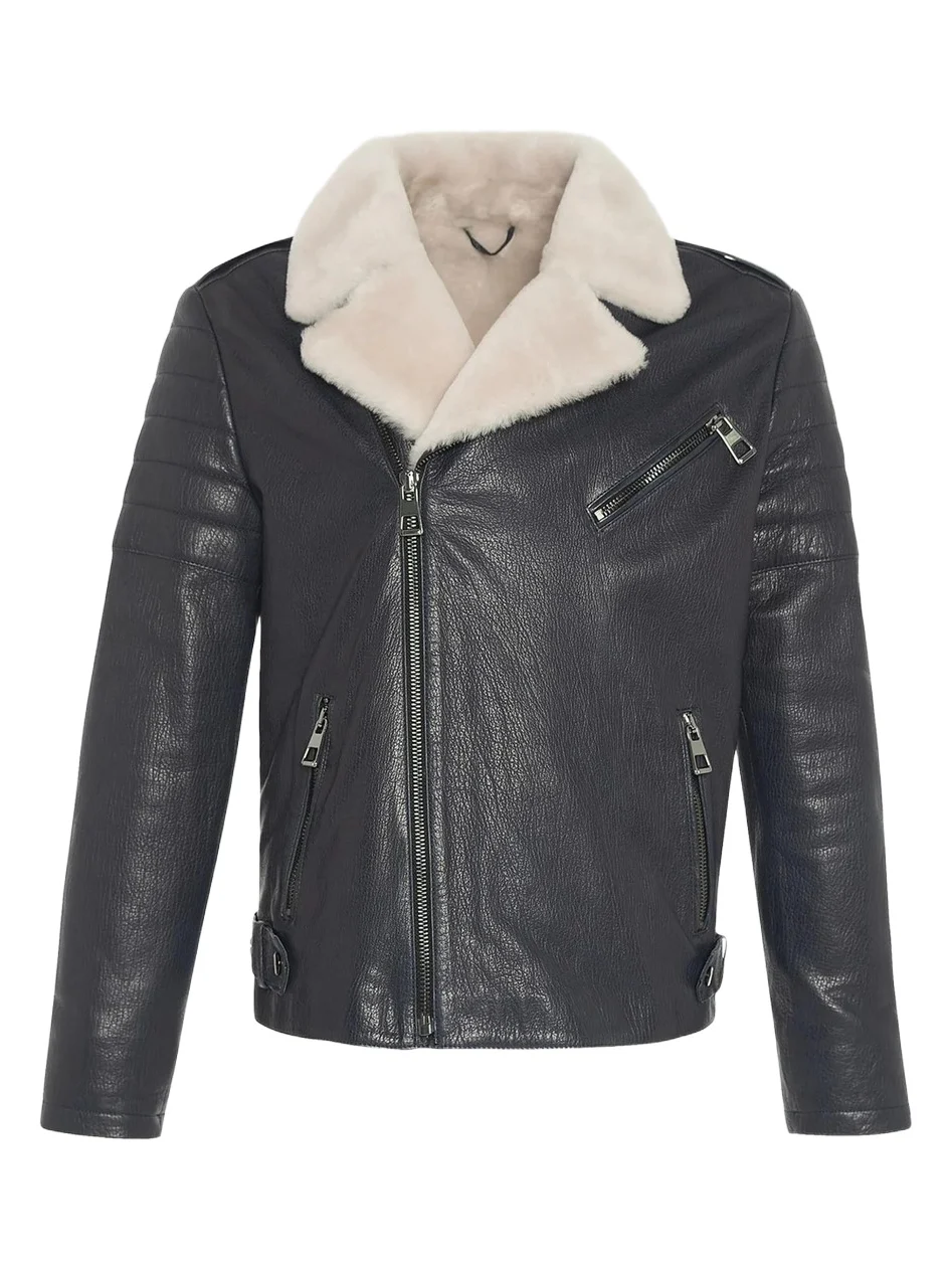 Gorski Men's Nappa Moto Jacket with Shearling Lamb - Navy Beige
