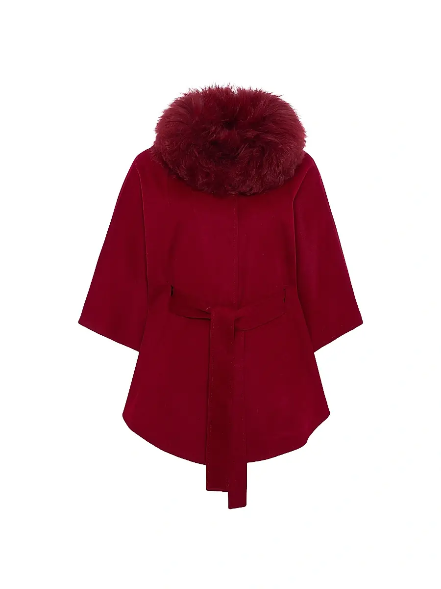 Gorski Women's Select Wool Belted Cape with Select Lamb Collar - Wine | Image 1 Gorski Women's Select Wool Belted Cape with Select Lamb Collar - Wine | Image 1