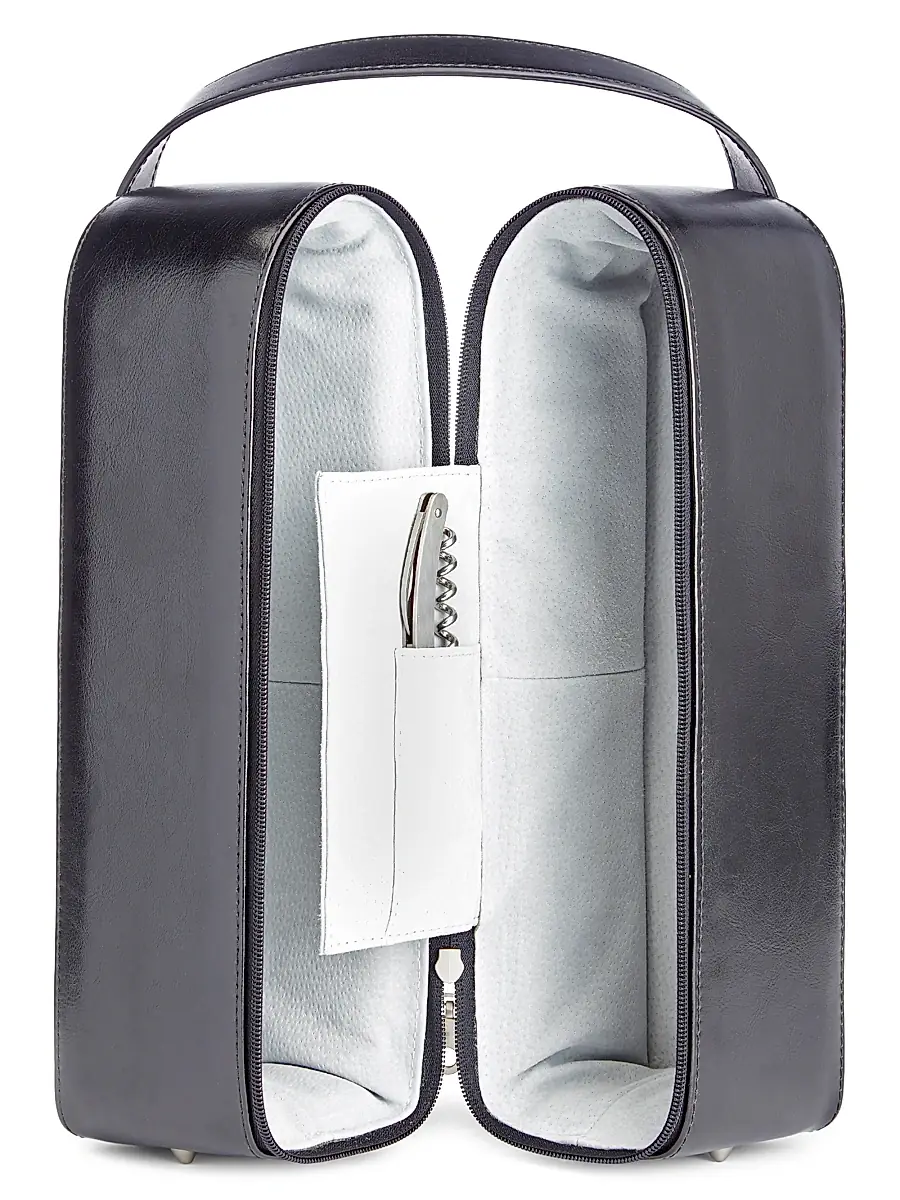 Royce New York Suede-Lined Leather Double Wine Carrying Case - Black | Image 1 Royce New York Suede-Lined Leather Double Wine Carrying Case - Black | Image 1