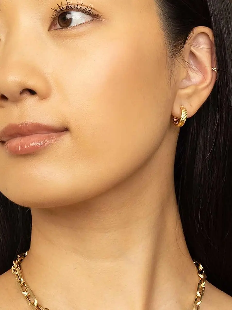 Oradina Women's 14K Yellow Gold Moto Mini Hoops - Yellow Gold | Thumbnail 4 Oradina Women's 14K Yellow Gold Moto Mini Hoops - Yellow Gold | Thumbnail 4