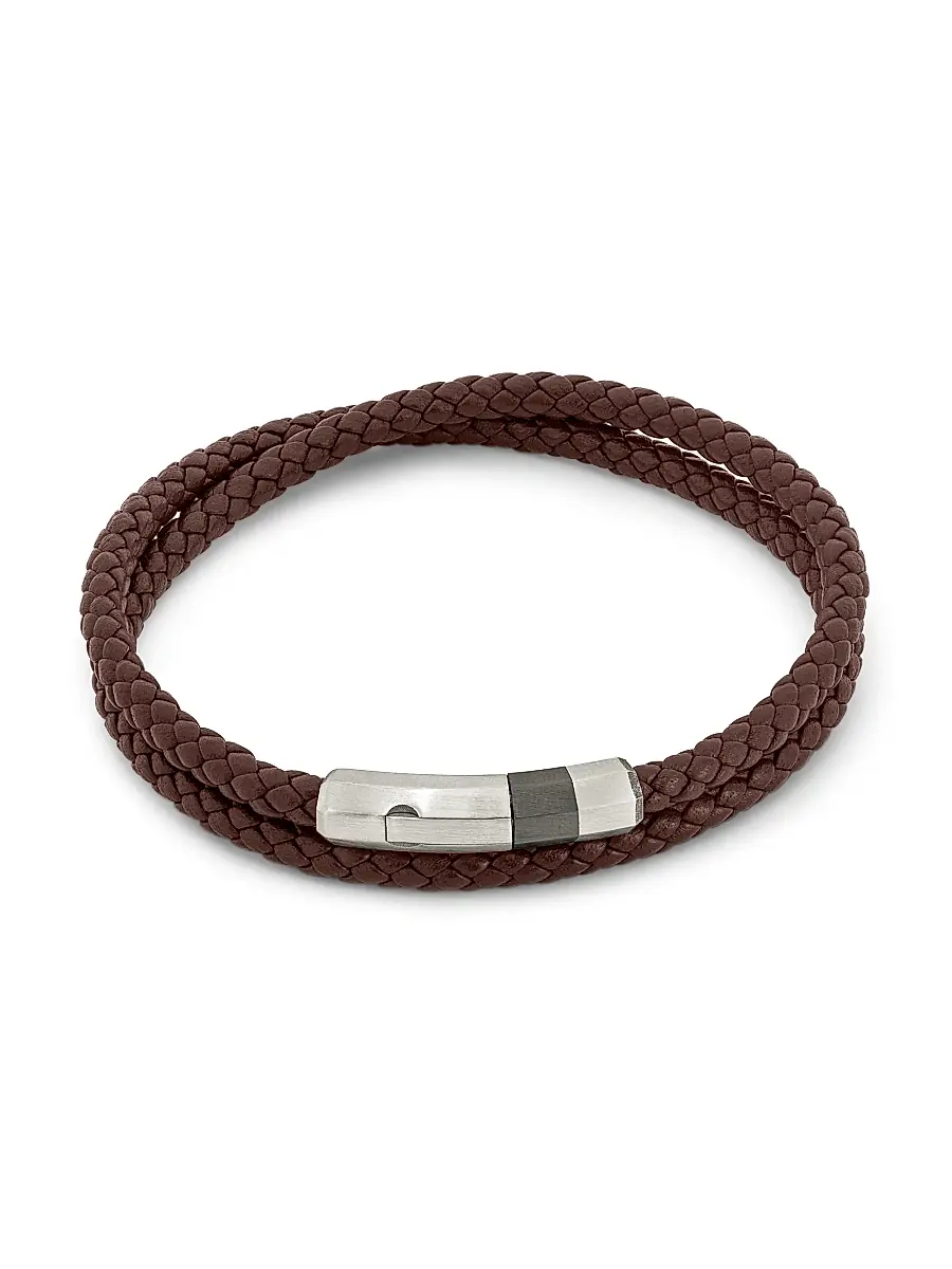 Men's Octagon Click Pelle Braided Leather & Sterling Silver Bracelet - Brown Men's Octagon Click Pelle Braided Leather & Sterling Silver Bracelet - Brown