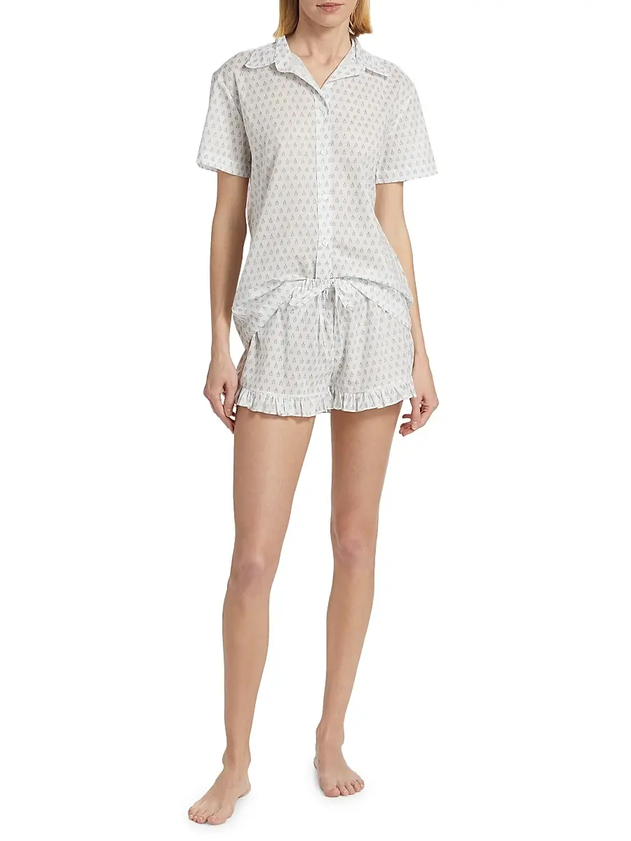 Pour Les Femmes Women's Karl Cotton Leaf-Print Frill Pajamas | Thumbnail 2