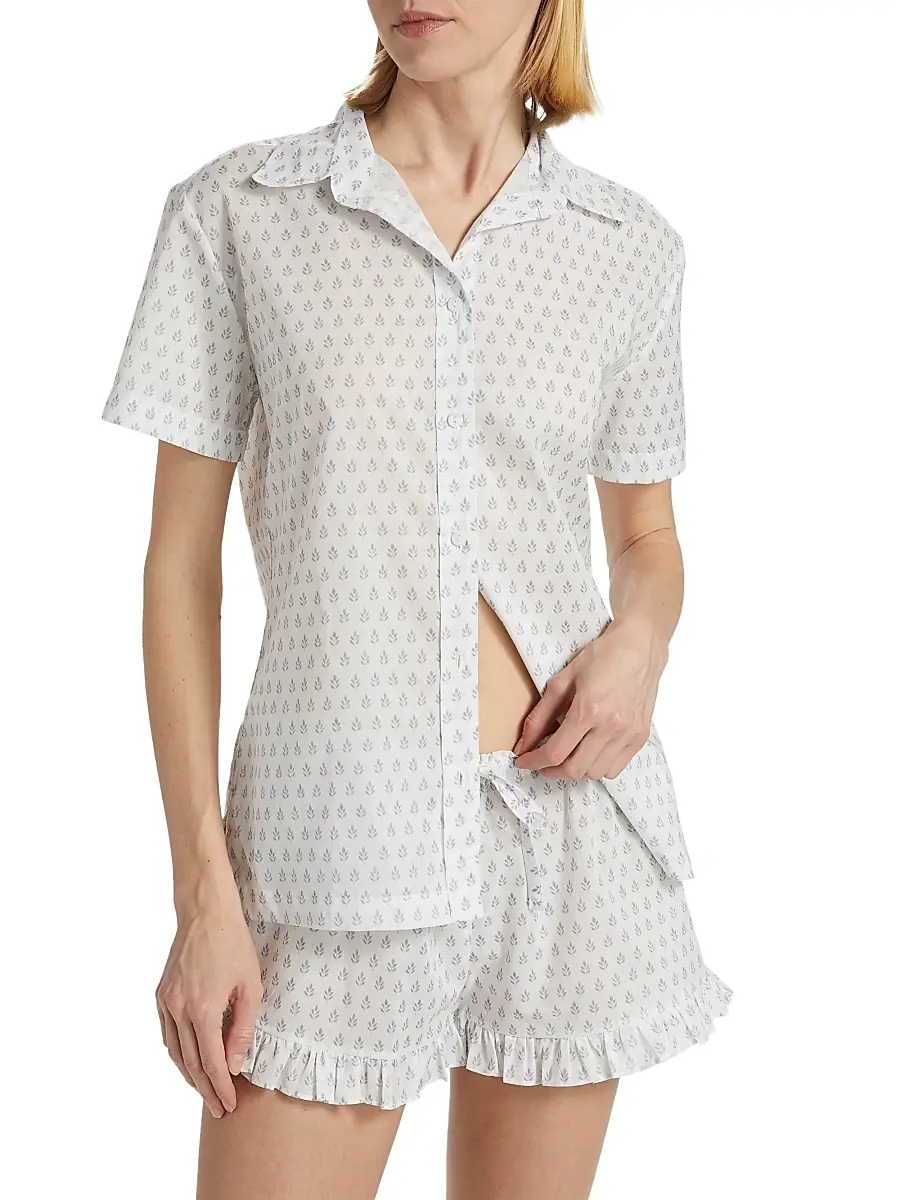 Pour Les Femmes Women's Karl Cotton Leaf-Print Frill Pajamas | Thumbnail 3