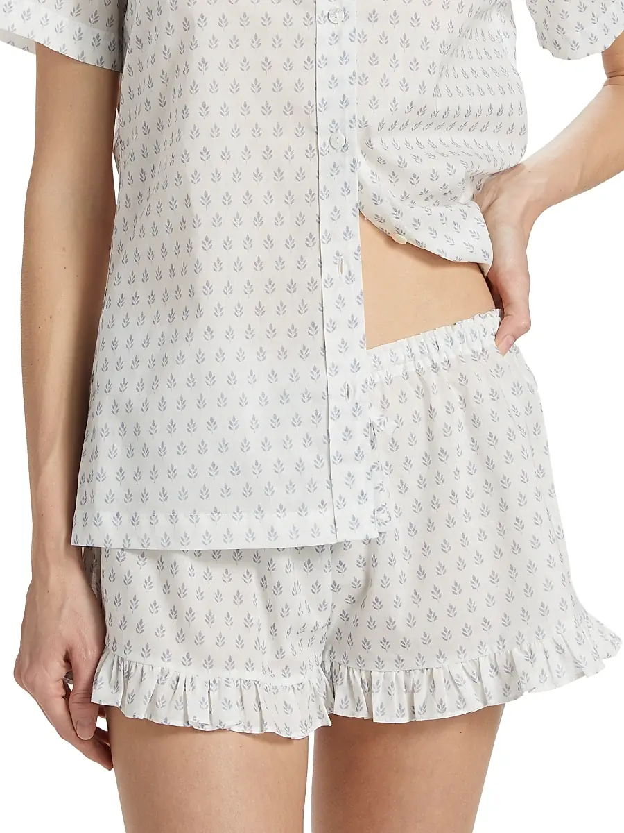 Pour Les Femmes Women's Karl Cotton Leaf-Print Frill Pajamas | Thumbnail 6