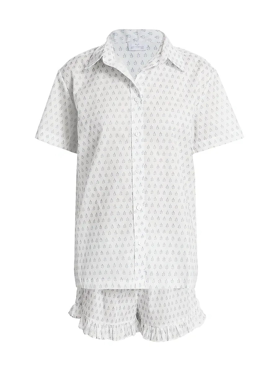 Pour Les Femmes Women's Karl Cotton Leaf-Print Frill Pajamas - Leaf Blockprint - Size XL | Image 1 Pour Les Femmes Women's Karl Cotton Leaf-Print Frill Pajamas - Leaf Blockprint - Size XL | Image 1