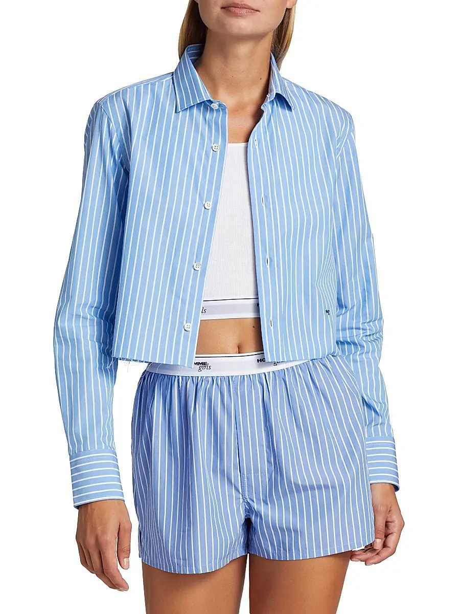 Hommegirls Women's Classic Stripe Cropped Shirt - Blue White Stripe | Thumbnail 2 Hommegirls Women's Classic Stripe Cropped Shirt - Blue White Stripe | Thumbnail 2