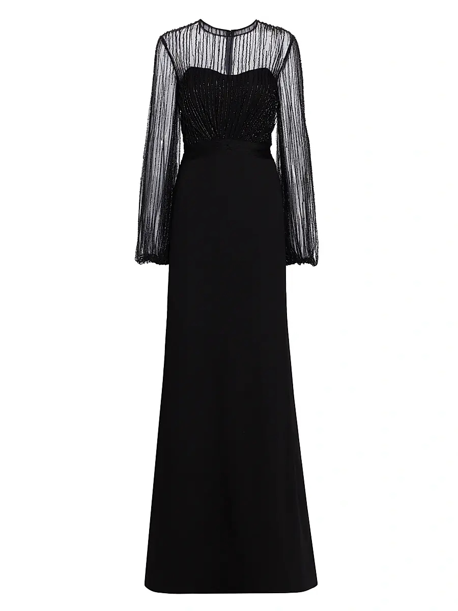 Rene Ruiz Collection Women's Beaded Illusion Fit & Flare Gown - Black