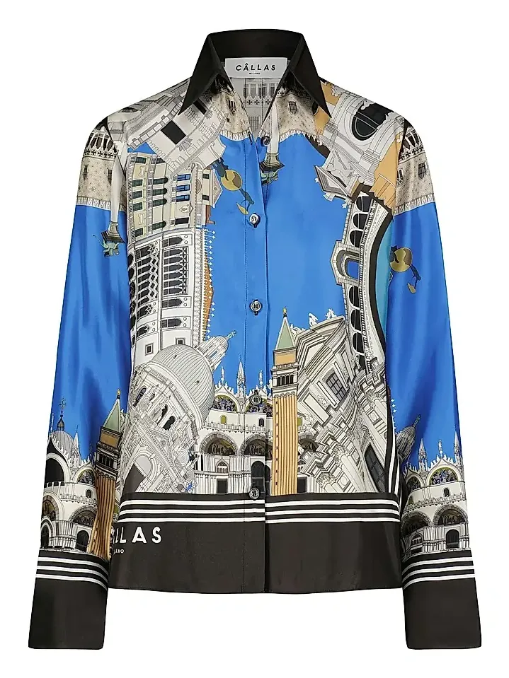 Women's Silk Twill Shirt with Venice Scarf Print Back Women's Silk Twill Shirt with Venice Scarf Print Back