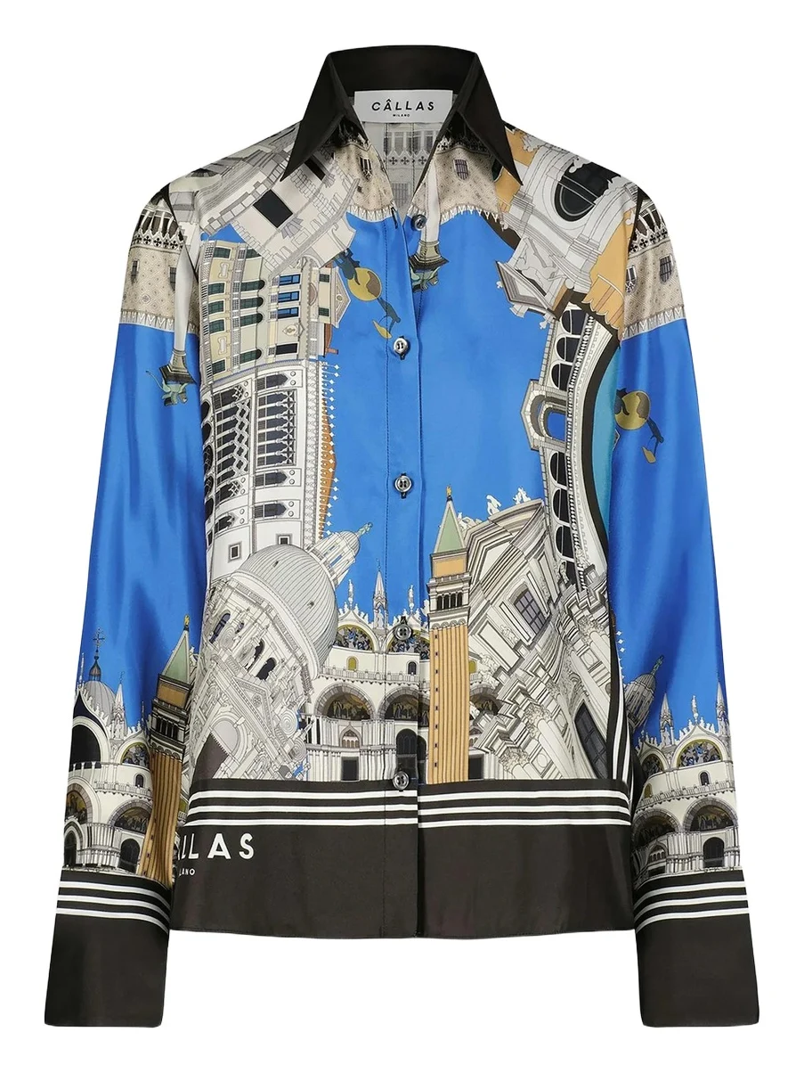 CALLAS MILANO Women's Silk Twill Shirt with Venice Scarf Print Back