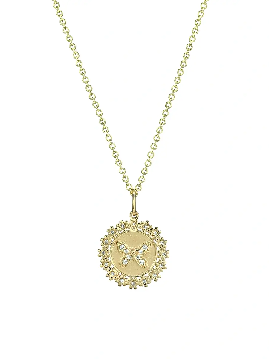 Women's 14K Yellow Gold & Diamond Daisy-Trimmed Small Bee Coin Pendant Necklace Women's 14K Yellow Gold & Diamond Daisy-Trimmed Small Bee Coin Pendant Necklace