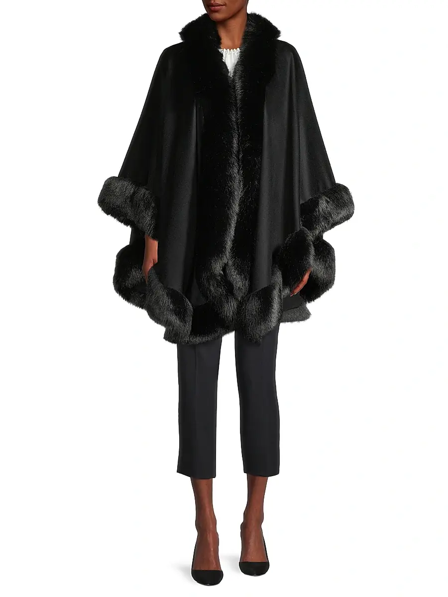 Sofia Cashmere Women's Faux Fur & Cashmere U-Cape - Black | Thumbnail 2 Sofia Cashmere Women's Faux Fur & Cashmere U-Cape - Black | Thumbnail 2