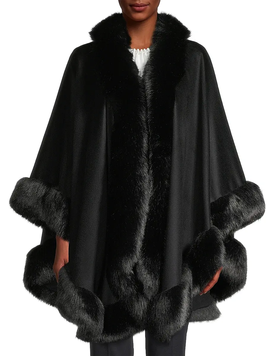 Sofia Cashmere Women's Faux Fur & Cashmere U-Cape - Black | Thumbnail 3 Sofia Cashmere Women's Faux Fur & Cashmere U-Cape - Black | Thumbnail 3