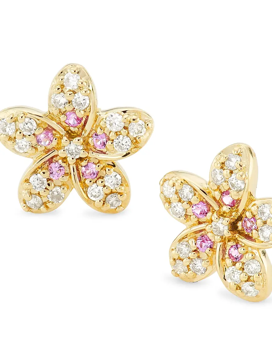 Sydney Evan Women's 14K Yellow Gold, Pink Sapphire & 0.13 TCW Diamond Plumeria Stud Earrings - Gold | Thumbnail 4