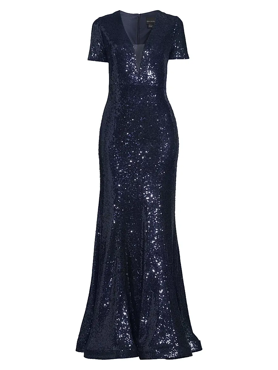 Shani Women's Sequined Fit & Flare Gown - Navy | Image 1 Shani Women's Sequined Fit & Flare Gown - Navy | Image 1