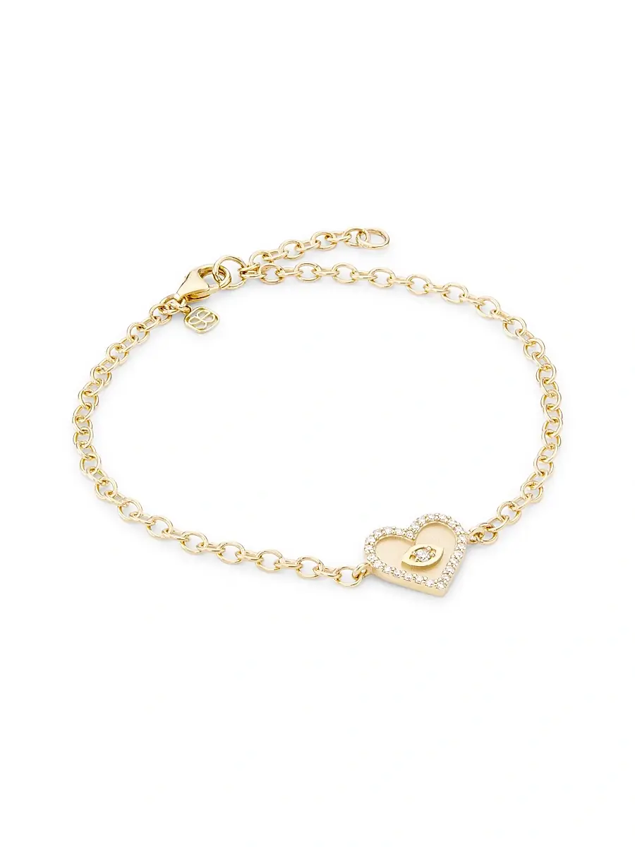 Women's 14K Yellow Gold & Diamond Evil-Eye Heart Charm Bracelet/6.5"