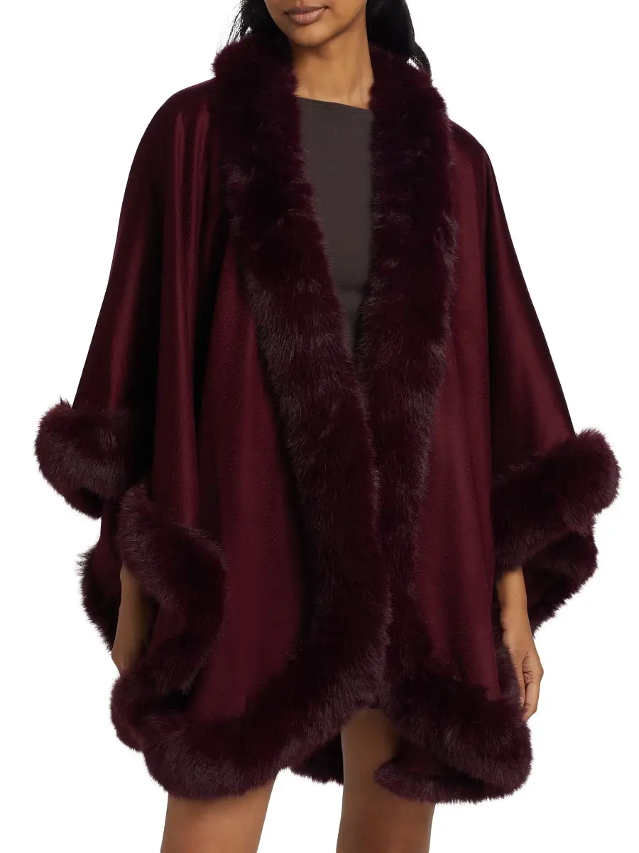 Sofia Cashmere Women's Faux Fur & Cashmere U-Cape - Burgundy | Thumbnail 2 Sofia Cashmere Women's Faux Fur & Cashmere U-Cape - Burgundy | Thumbnail 2