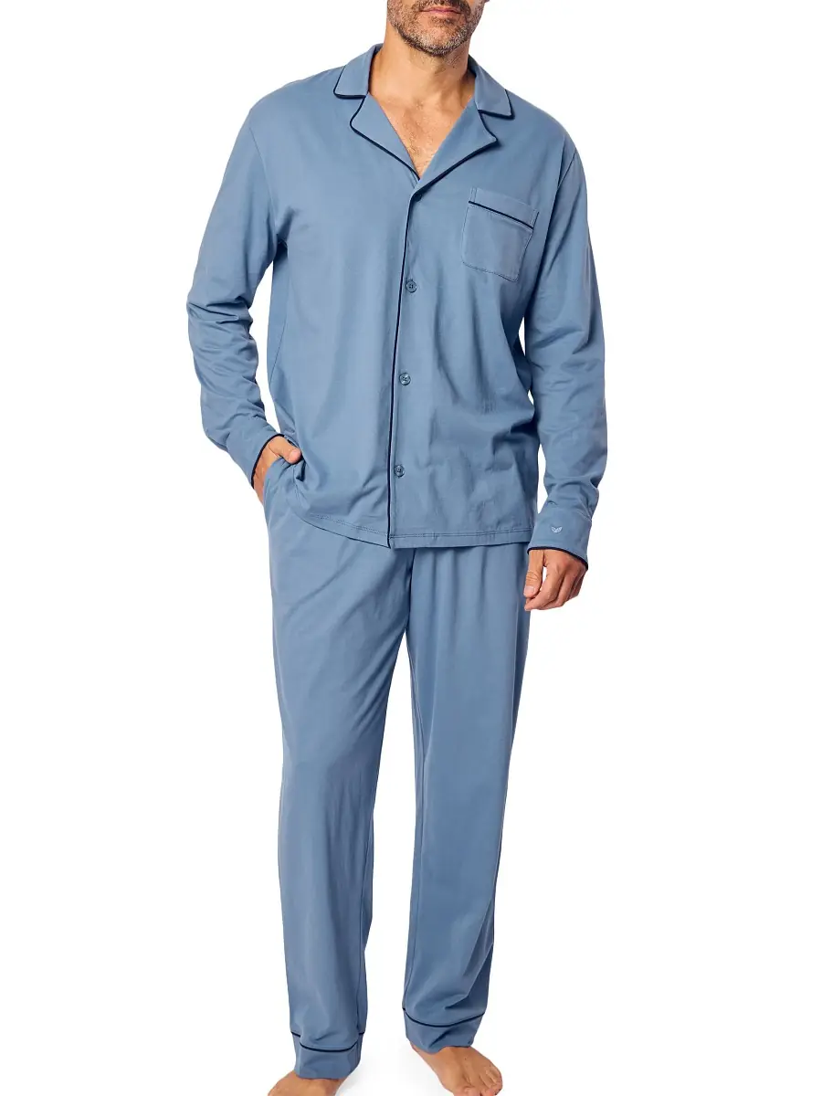 Petite Plume Men's Pima Knitted Cottom Pajamas - Blue | Image 1 Petite Plume Men's Pima Knitted Cottom Pajamas - Blue | Image 1