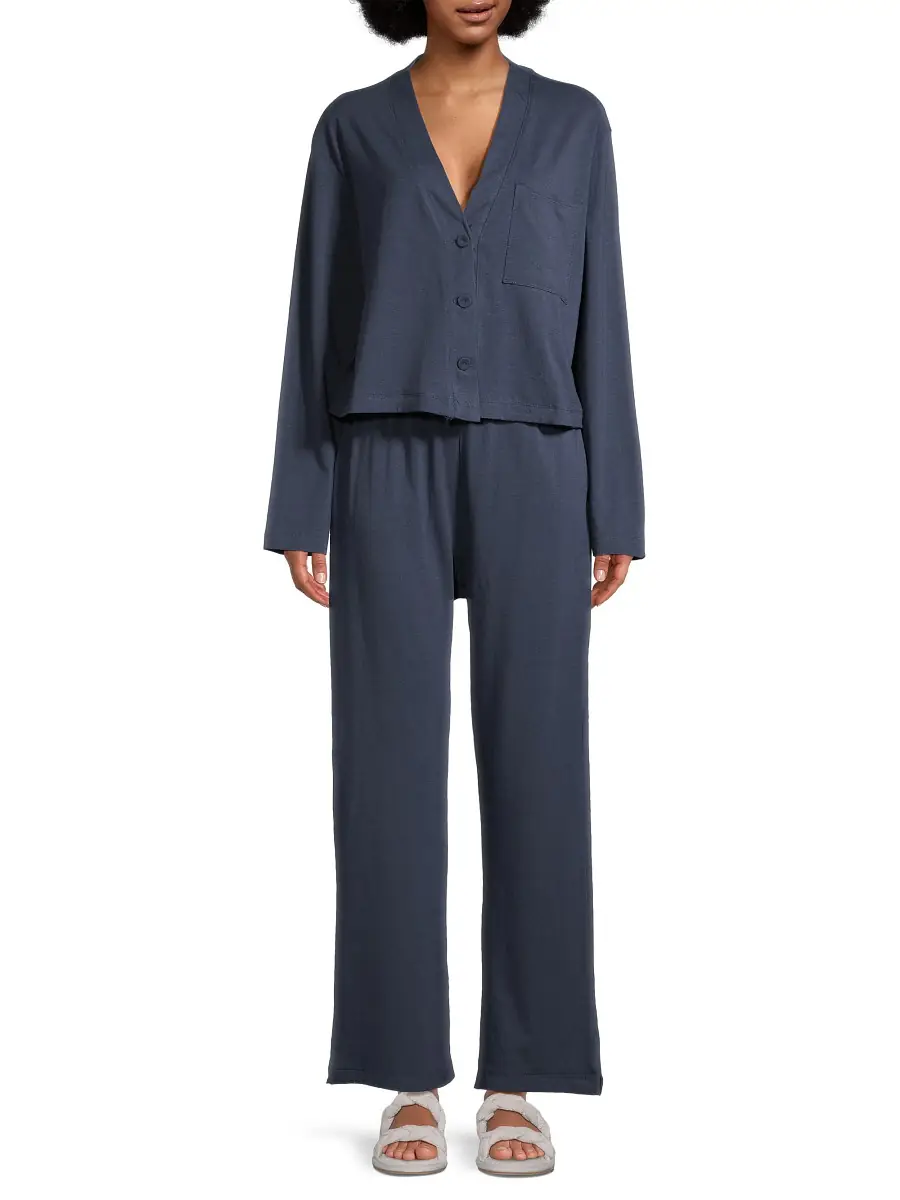 Lunya Women's Slumberknit Long Sleeve Shirt & Pants Pajama Set - Deep Blue | Image 1 Lunya Women's Slumberknit Long Sleeve Shirt & Pants Pajama Set - Deep Blue | Image 1