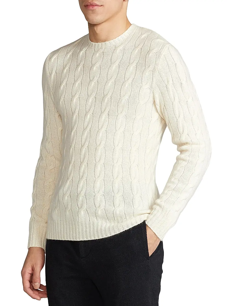 Ralph Lauren Purple Label Men's Textured Crewneck Cotton Sweater - Classic Cream | Thumbnail 4 Ralph Lauren Purple Label Men's Textured Crewneck Cotton Sweater - Classic Cream | Thumbnail 4