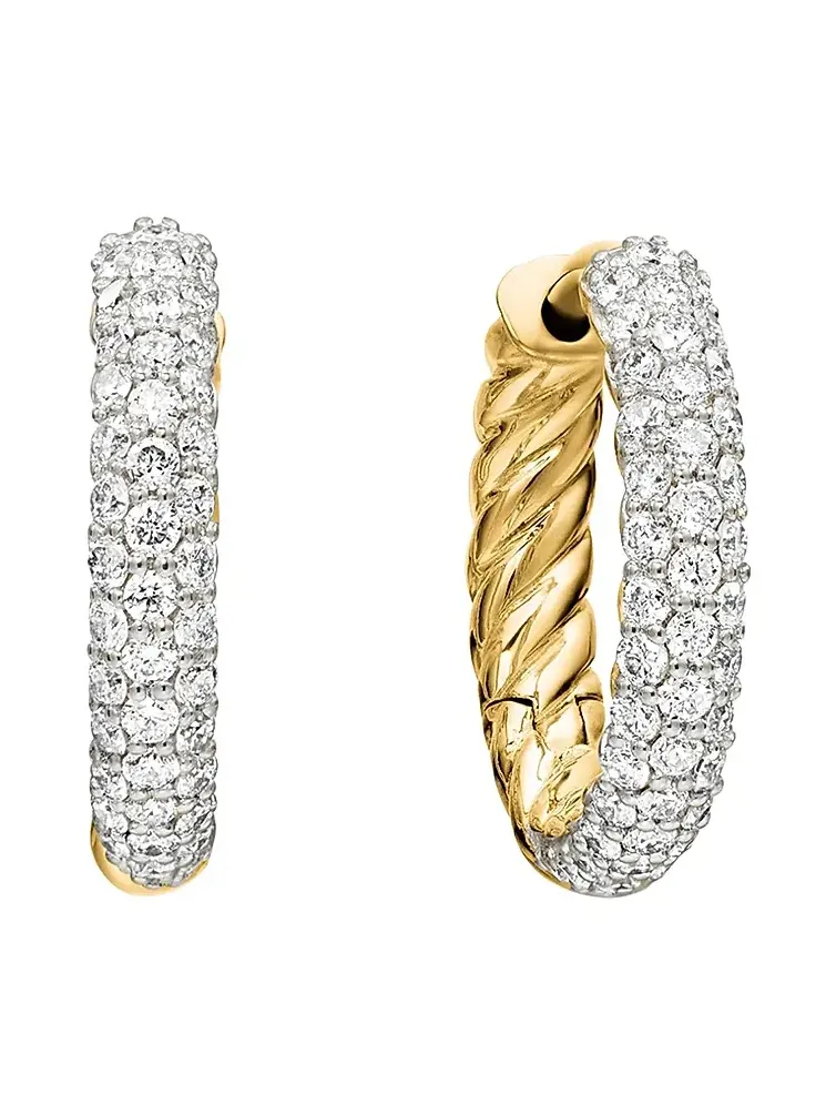 Women's Petite Pavé Huggie Hoop Earrings in 18K Yellow Gold with Diamonds, 14mm - Diamond Women's Petite Pavé Huggie Hoop Earrings in 18K Yellow Gold with Diamonds, 14mm - Diamond