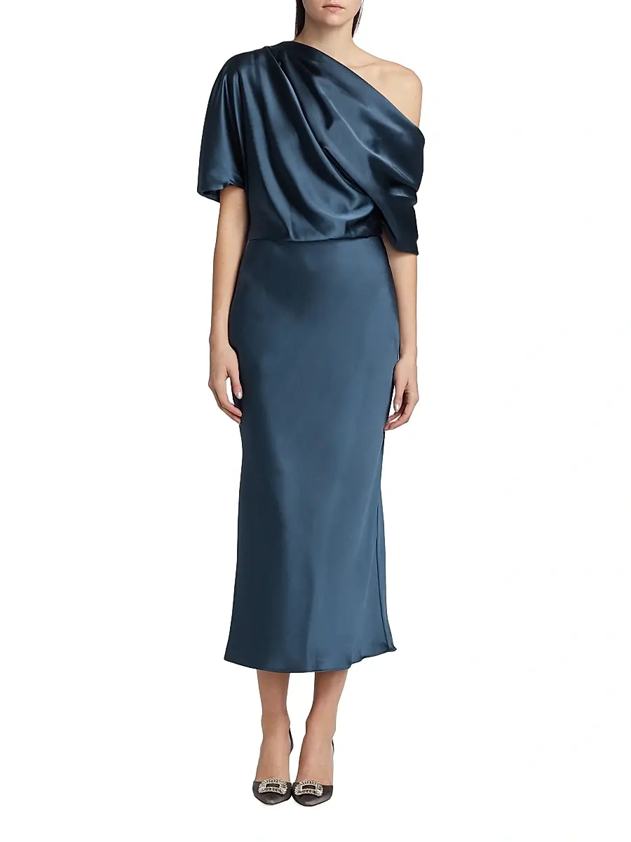 Amsale Women's Draped Satin Pencil Midi-Dress | Thumbnail 3 Amsale Women's Draped Satin Pencil Midi-Dress | Thumbnail 3