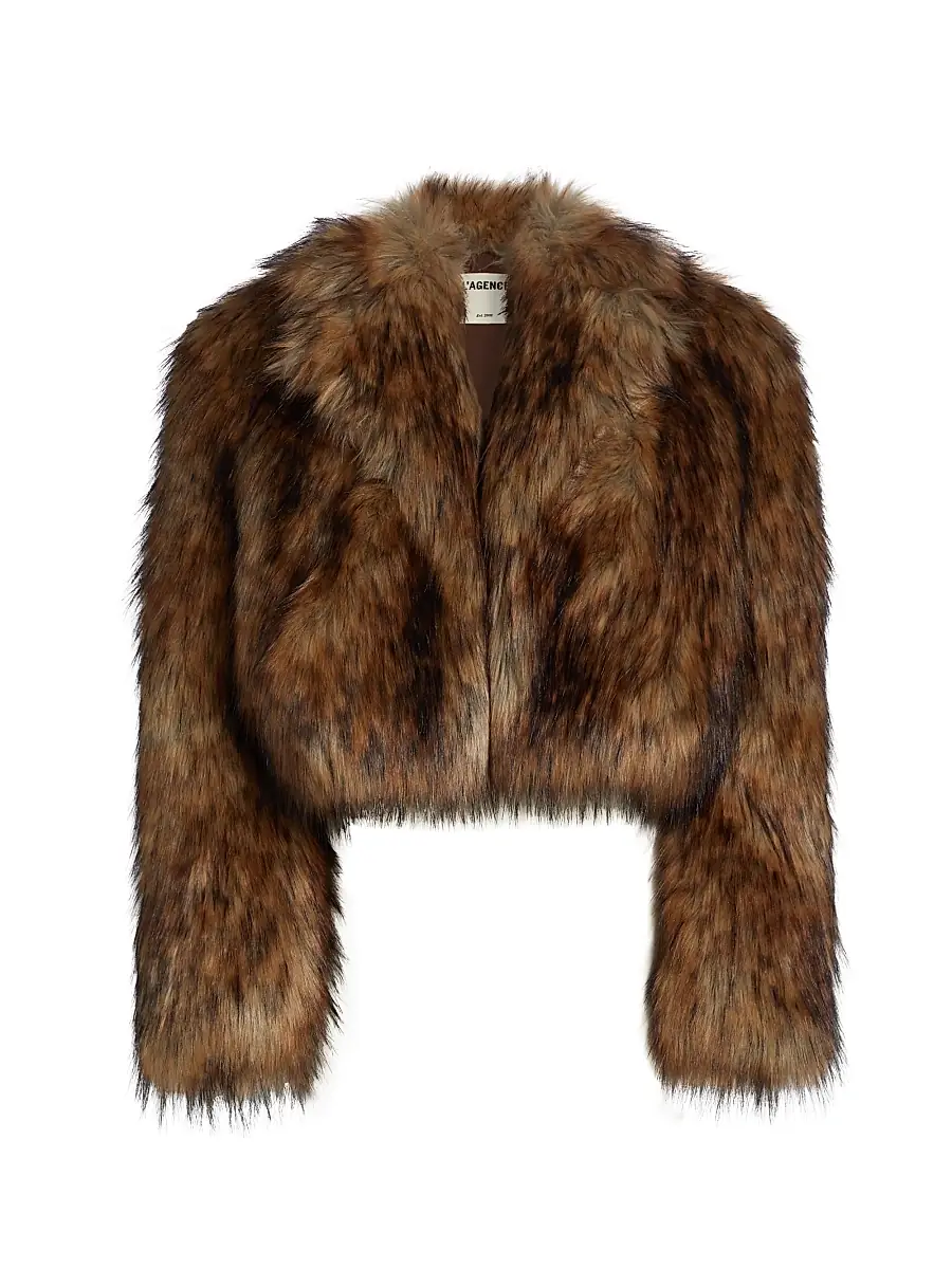 L'AGENCE Women's Aura Faux-Fur Cropped Jacket - Tan Black Faux Fur | Image 1 L'AGENCE Women's Aura Faux-Fur Cropped Jacket - Tan Black Faux Fur | Image 1