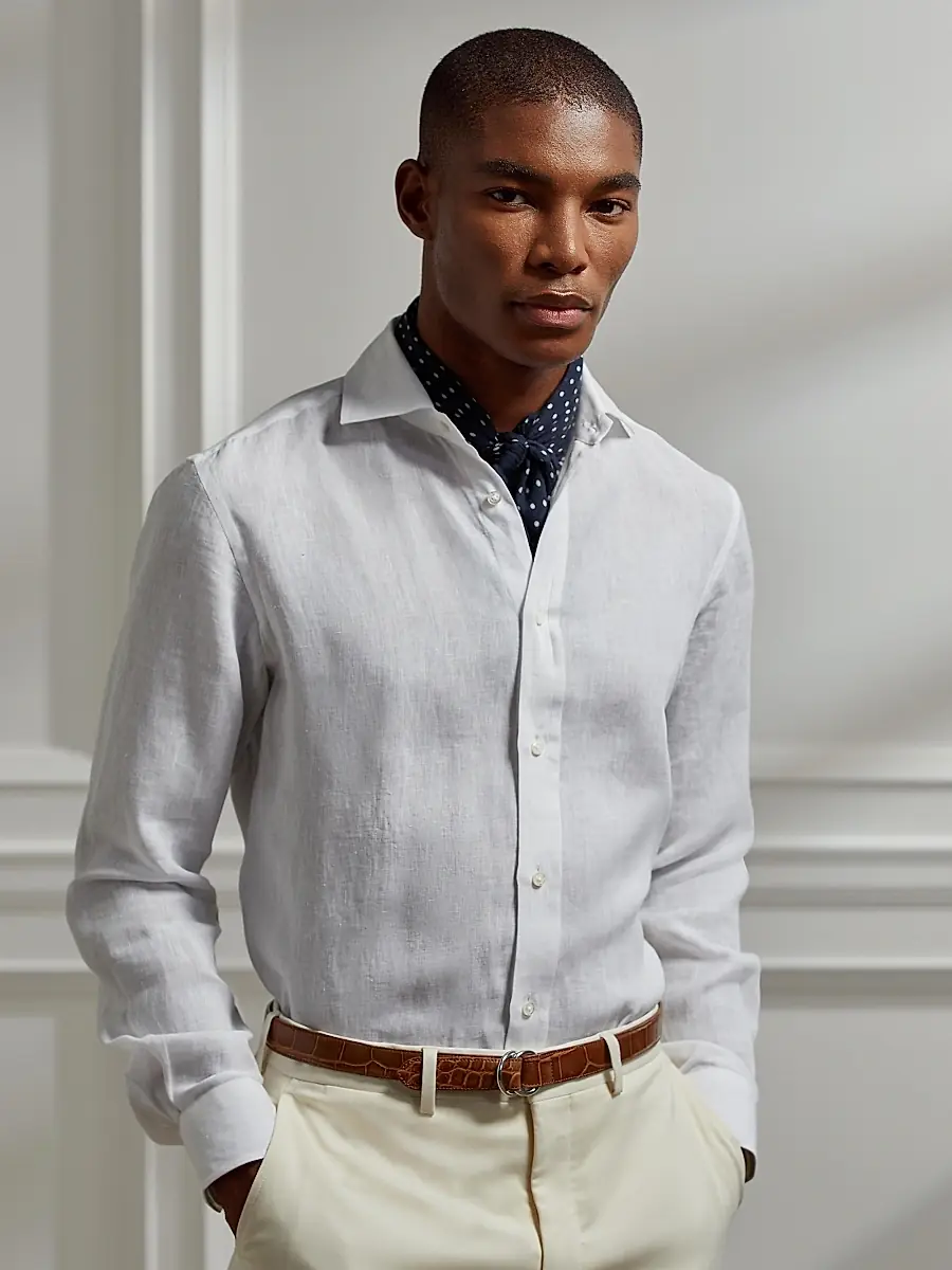 Ralph Lauren Purple Label Men's Classic Linen Sport Shirt - Optic White | Thumbnail 7 Ralph Lauren Purple Label Men's Classic Linen Sport Shirt - Optic White | Thumbnail 7
