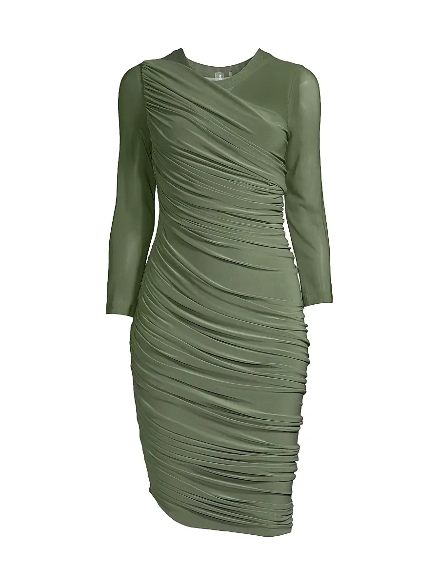 Norma Kamali Women's Diana Mesh-Sleeve Ruched Midi-Dress - Celadon | Image 1 Norma Kamali Women's Diana Mesh-Sleeve Ruched Midi-Dress - Celadon | Image 1