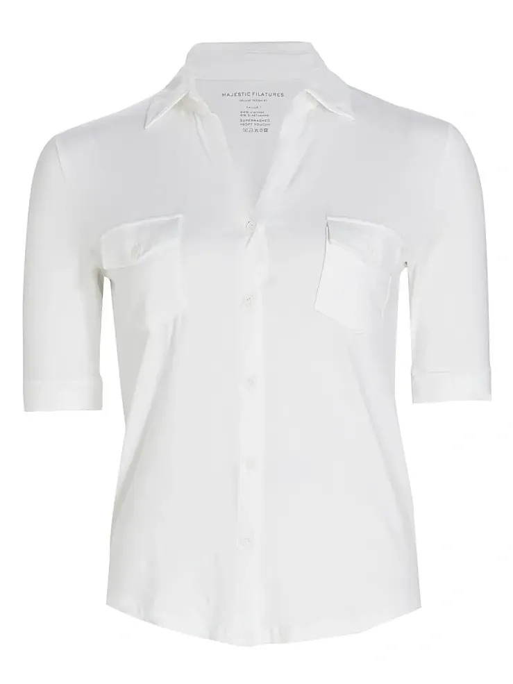 MAJESTIC FILATURES Women's Soft Touch Elbow-Sleeve Pocket Shirt