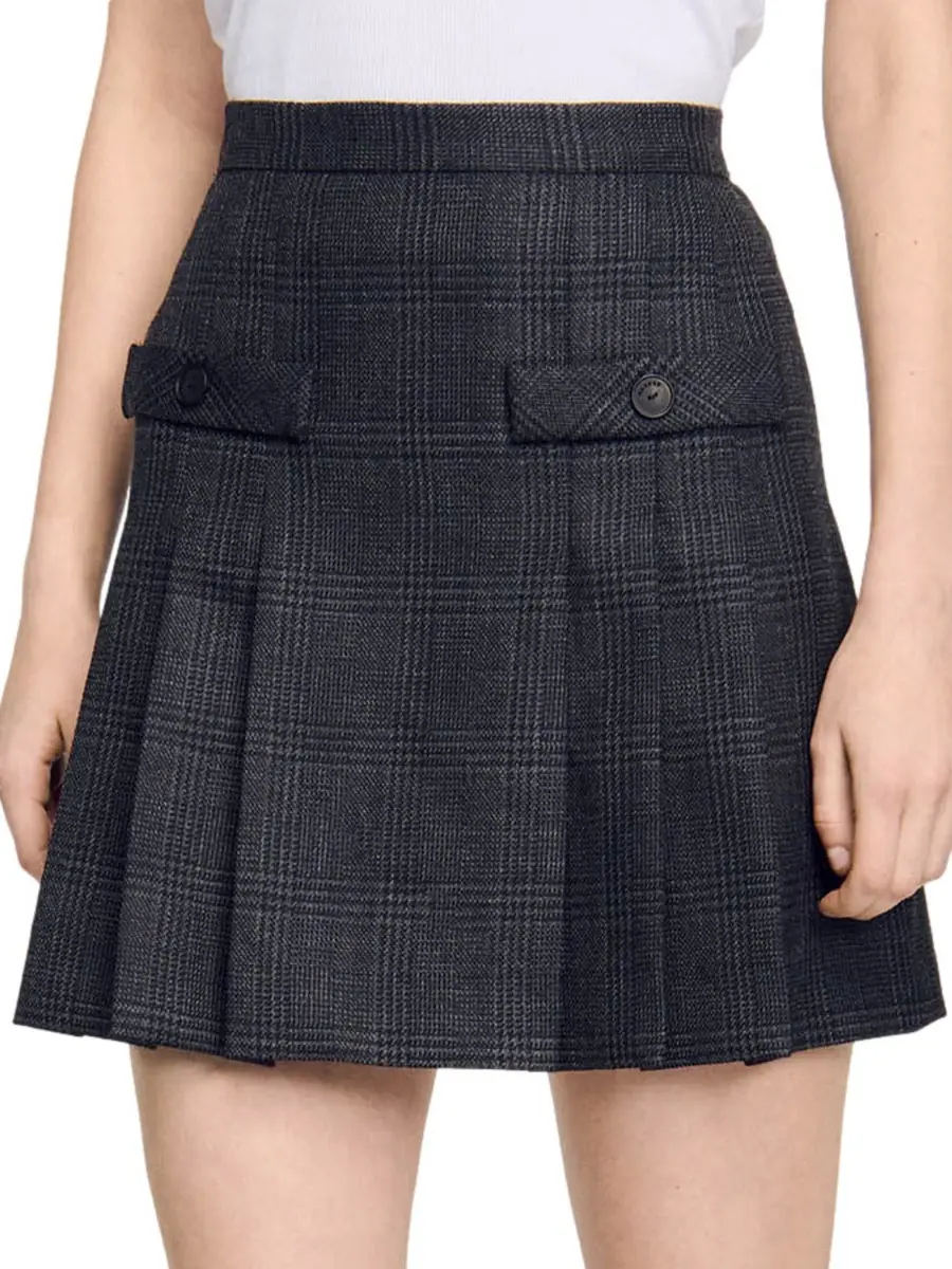 Sandro Women's Short Checked Pleated Skirt - Dark Grey | Thumbnail 2 Sandro Women's Short Checked Pleated Skirt - Dark Grey | Thumbnail 2