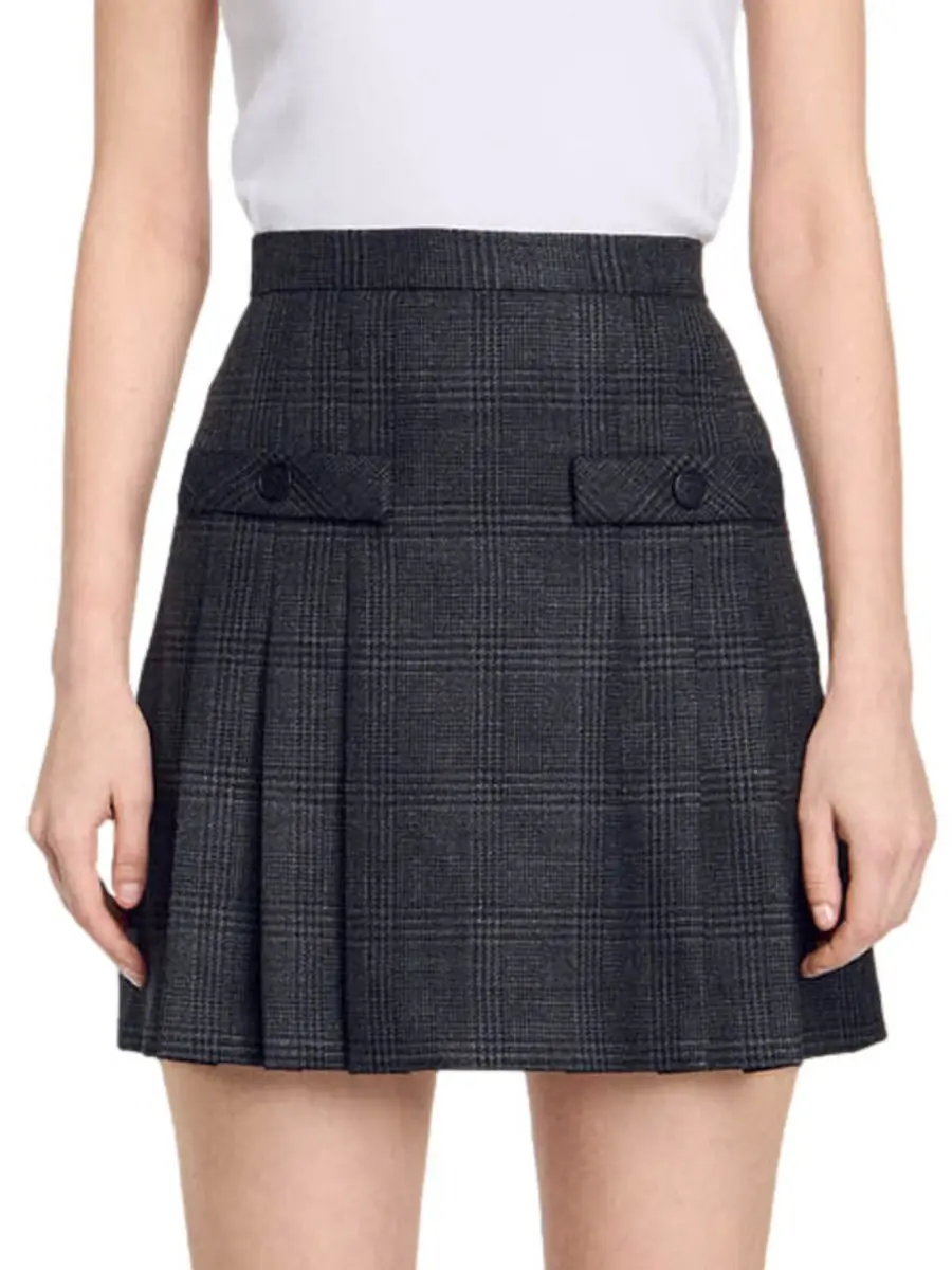 Women's Short Checked Pleated Skirt - Dark Grey