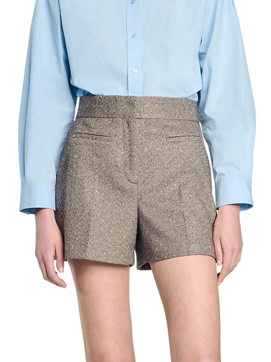 Sandro Women's Herringbone Shorts with Rhinestones - Beige | Thumbnail 2 Sandro Women's Herringbone Shorts with Rhinestones - Beige | Thumbnail 2