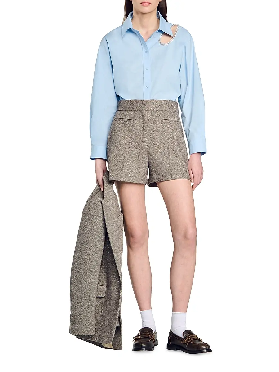 Sandro Women's Herringbone Shorts with Rhinestones - Beige | Thumbnail 7 Sandro Women's Herringbone Shorts with Rhinestones - Beige | Thumbnail 7