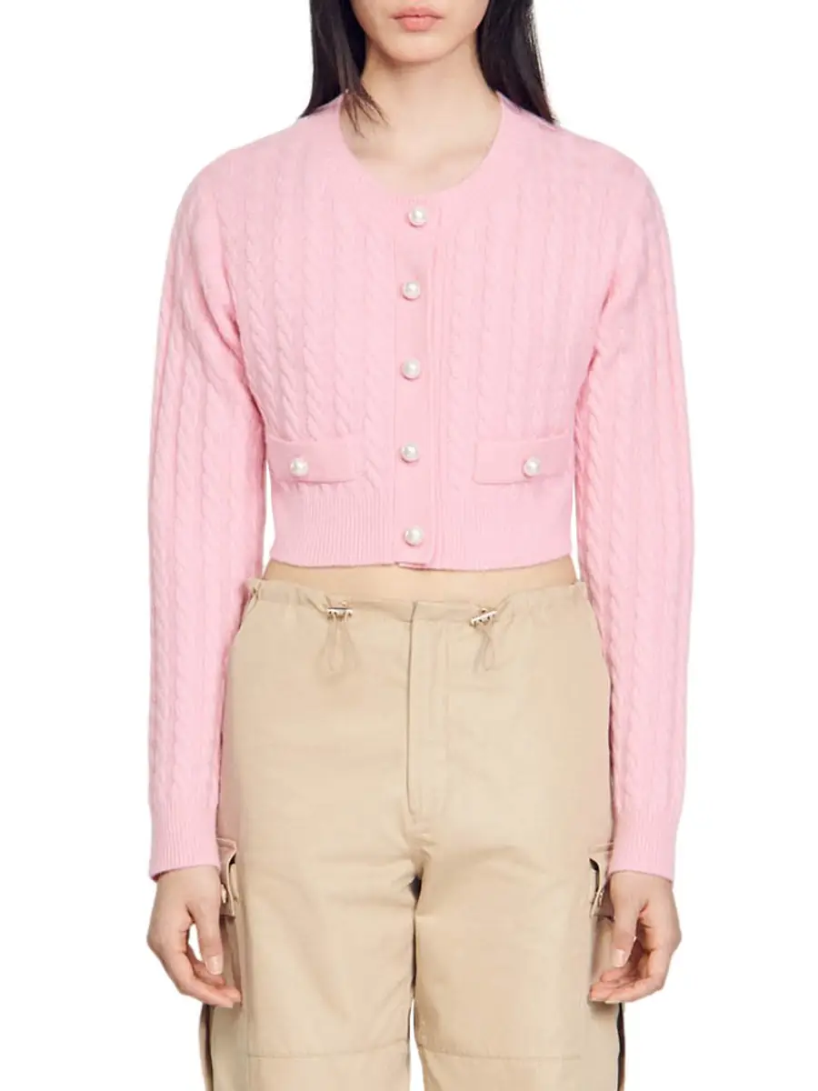 Sandro Women's Cable Knit Coatigan - Pink | Image 1 Sandro Women's Cable Knit Coatigan - Pink | Image 1