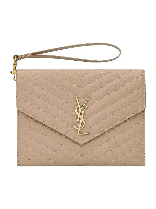 Saint Laurent Women's Cassandre Matelasse Flap Pouch in Quilted Grain De Poudre Embossed Leather
