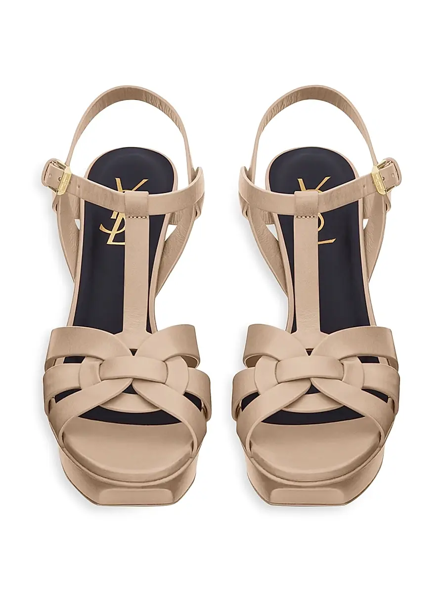 Saint Laurent Women's Tribute 75MM Leather Platform Sandals - Dark Beige | Thumbnail 3